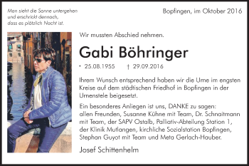 Traueranzeige von Gabi Böhringer von Schwäbische Post