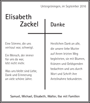Traueranzeige von Elisabeth Zackel von Kocher-Lein-Bote