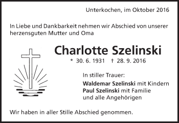 Traueranzeige von Charlotte Szelinski von Schwäbische Post