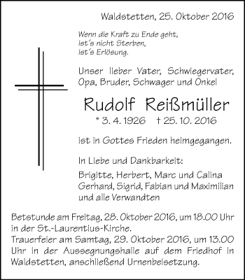 Traueranzeige von Rudolf Reißmüller von Gmünder Tagespost