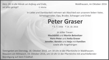 Traueranzeige von Peter Graser von Schwäbische Post