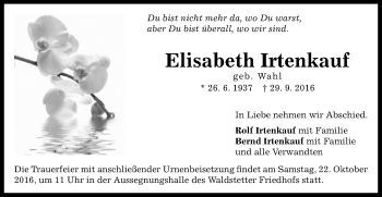 Traueranzeige von Elisabeth Irtenkauf von Gmünder Tagespost
