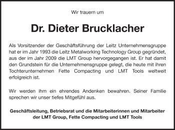 Traueranzeige von Dieter Brucklacher von Schwäbische Post