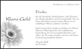 Traueranzeige von Klara Gold von Gmünder Tagespost
