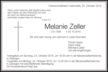 Traueranzeige von Melanie Zeller von Schwäbische Post