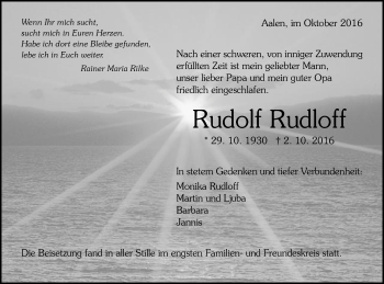 Traueranzeige von Rudolf Rudloff von Schwäbische Post