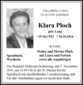 Traueranzeige von Klara Ploch von Gmünder Tagespost