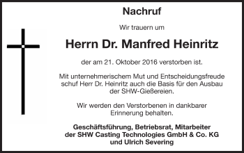 Traueranzeige von Manfred Heinritz von Schwäbische Post