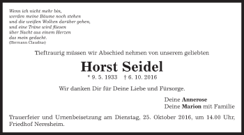 Traueranzeige von Horst Seidel von Schwäbische Post