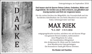 Traueranzeige von Max Riek von Kocher-Lein-Bote