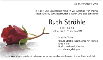 Traueranzeige von Ruth Ströhle von Schwäbische Post