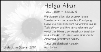 Traueranzeige von Helga Abari von Gmünder Tagespost