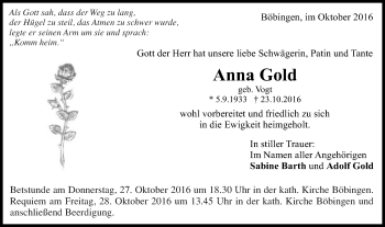 Traueranzeige von Anna Gold von Gmünder Tagespost