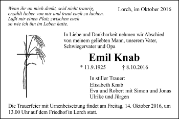 Traueranzeige von Emil Knab von Gmünder Tagespost