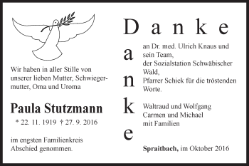 Traueranzeige von Paula Stutzmann von Gmünder Tagespost