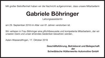 Traueranzeige von Gabriele Böhringer von Schwäbische Post