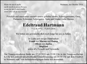 Traueranzeige von Edeltraud Hartmann von Gmünder Tagespost