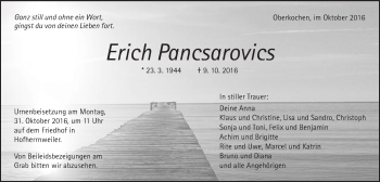 Traueranzeige von Erich Pancsarovics von Schwäbische Post