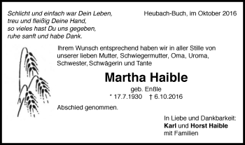 Traueranzeige von Martha Haible von Gmünder Tagespost