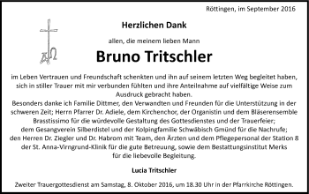 Traueranzeige von Bruno Tritschler von Schwäbische Post