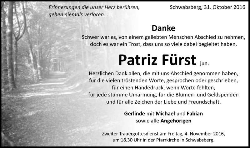  Traueranzeige für Patriz Fürst vom 31.10.2016 aus Schwäbische Post