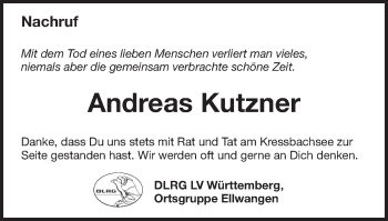 Traueranzeige von Andreas Kutzner von Schwäbische Post