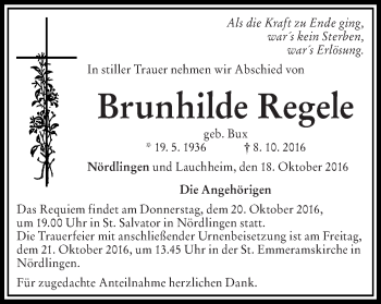 Traueranzeige von Brunhilde Regele von Schwäbische Post