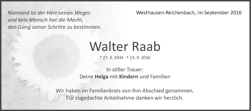  Traueranzeige für Walter Raab vom 08.10.2016 aus Schwäbische Post