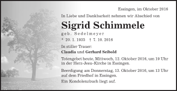 Traueranzeige von Sigrid Schimmele von Schwäbische Post