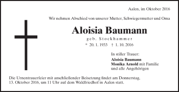 Traueranzeige von Aloisia Baumann von Schwäbische Post