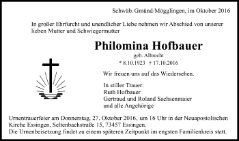 Traueranzeige von Philomena Hofbauer von Gmünder Tagespost