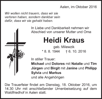 Traueranzeige von Heidi Kraus von Schwäbische Post