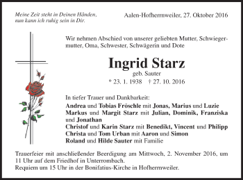 Traueranzeige von Ingrid Starz von Schwäbische Post