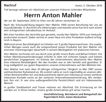 Traueranzeige von Anton Mahler von Schwäbische Post