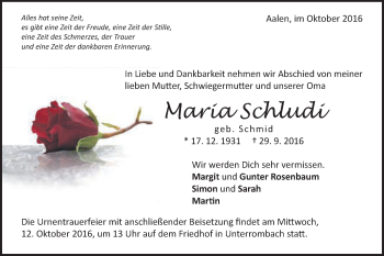 Traueranzeige von Maria Schludi von Schwäbische Post