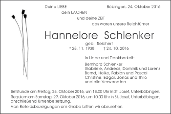 Traueranzeige von Hannelore Schlenker von Gmünder Tagespost