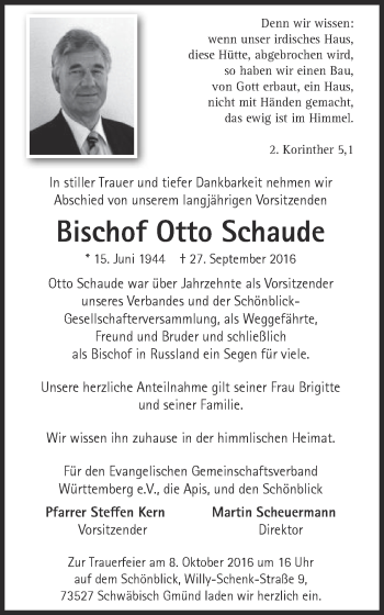 Traueranzeige von Otto Schaude von Gmünder Tagespost