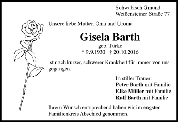 Traueranzeige von Gisela Barth von Gmünder Tagespost