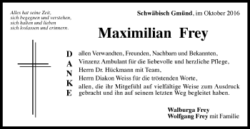 Traueranzeige von Maximilian Frey von Gmünder Tagespost