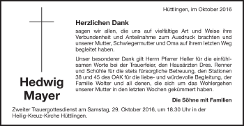 Traueranzeige von Hedwig Mayer von Schwäbische Post