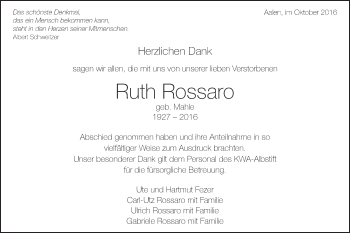 Traueranzeige von Ruth Rossaro von Schwäbische Post