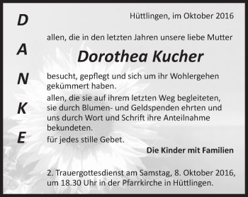 Traueranzeige von Dorothea Kucher von Schwäbische Post