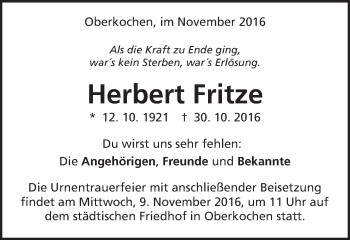Traueranzeige von Herbert Fritze von Schwäbische Post