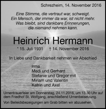 Traueranzeige von Heinrich Hermann von Schwäbische Post