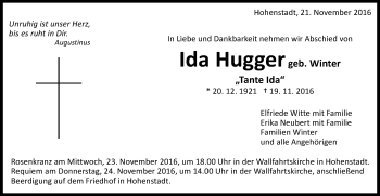 Traueranzeige von Ida Hugger von Schwäbische Post