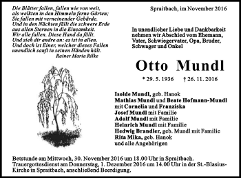 Traueranzeige von Otto Mundl von Gmünder Tagespost