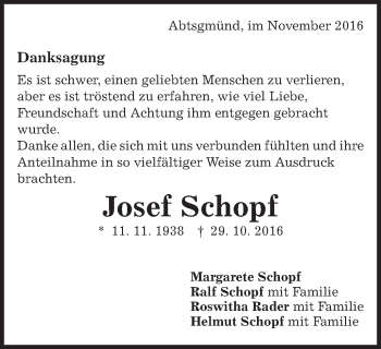 Traueranzeige von Josef Schopf von Schwäbische Post