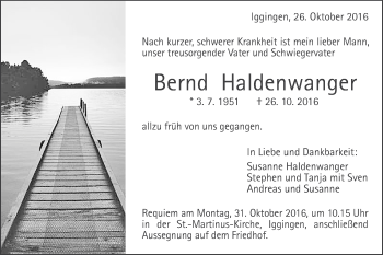 Traueranzeige von Bernd Haldenwanger von Gmünder Tagespost