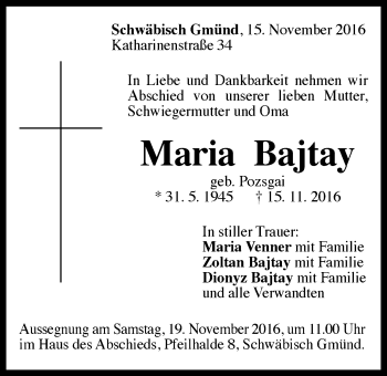 Traueranzeige von Maria Bajtay von Gmünder Tagespost