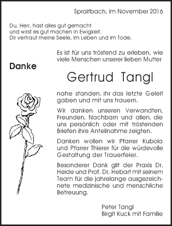 Traueranzeige von Gertrud Tangl von Gmünder Tagespost